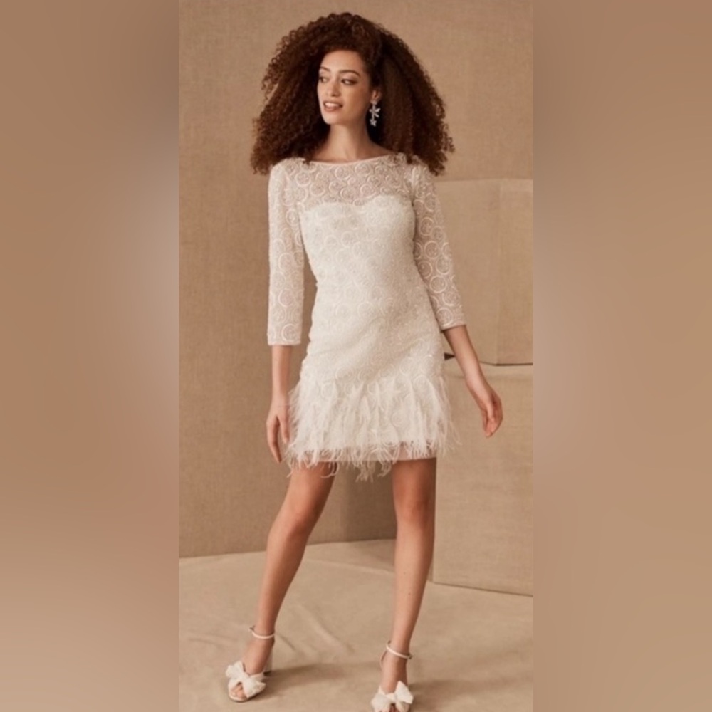 BHLDN White sequin dress with feather detailing, Size 2
